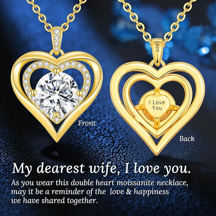 Valentine's Day Gift Moissanite Heart Pendant Necklaces for Women, 925 Sterling Silver Necklace Engraved with 'I LOVE YOU', Ideal Anniversary Birthday Jewelry Gifts for Mom Wife Girlfriend Daughter Her