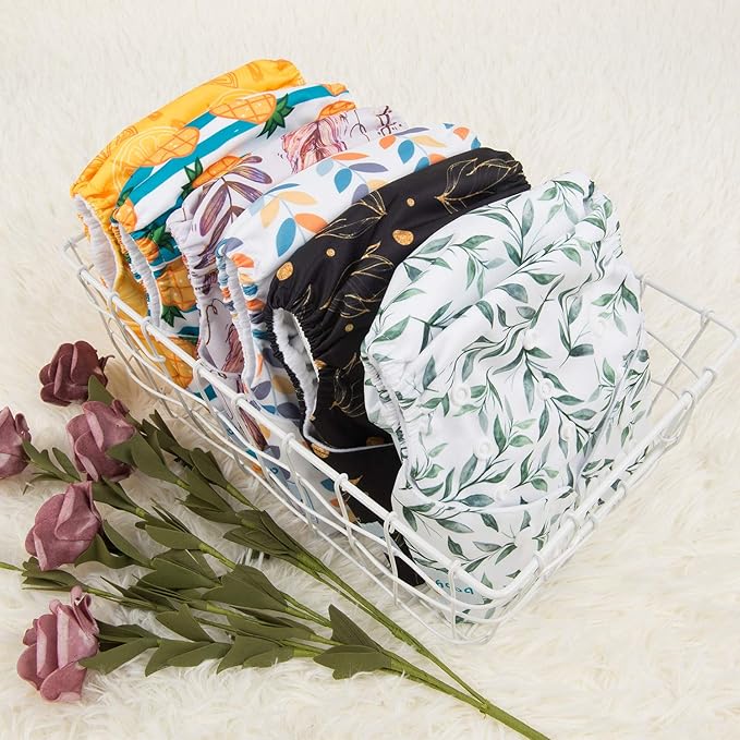 Babygoal Reusable Neutral Cloth Diapers 6 Pack with 10pcs Inserts, One Size Adjustable Washable Pocket Nappy Covers for Baby Boys and Girls 6FN06