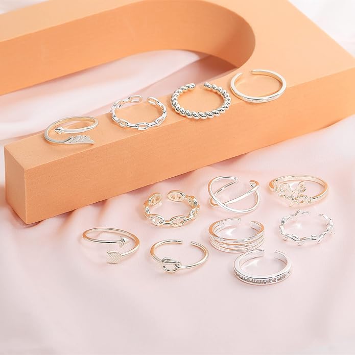 Honsny 12PCS Silver Plated Rings Adjustable Open Rings for Women Cute Gold Plated Stackable Thumb Rings Joint Chain Midi FingerArrow Knot Wave Band Rings Set