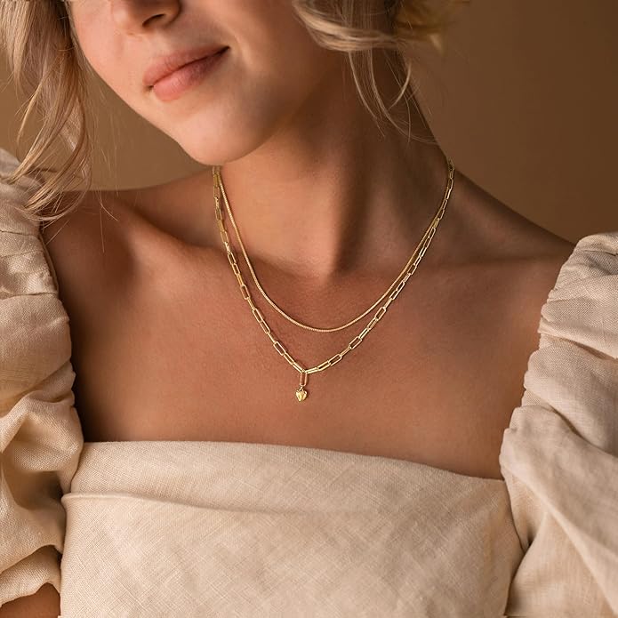 Layered Necklaces for Women,Dainty 14k Gold Plated CZ Layered Choker Necklace for Women Trendy Non Tarnish Hypoallergenic Beaded Paperclip Chain Necklace Stack Women's Minimalist Gold Jewelry Gifts