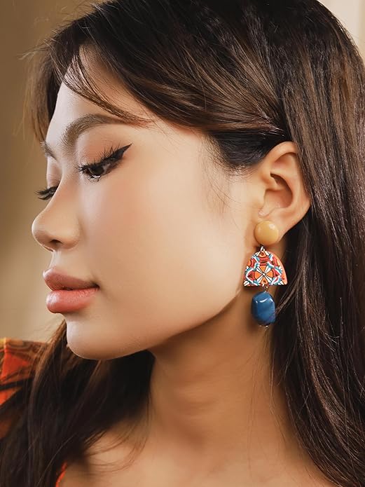 MINACHI Boho Chic Geometric Drop Earrings, Vibrant Multicolor Pattern with Navy Accent Beads & Glossy Studs, Jewelry Gift for Women