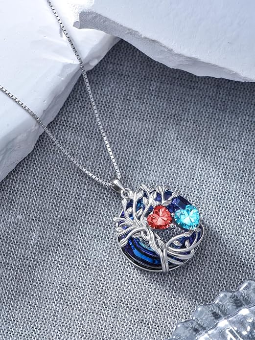 TOUPOP s925 Sterling Silver Family Celtic Tree of Life Pendant Necklaces with 2 Heart Birthstone with Blue Austrian Crystal Jewelry Birthday Valentines Day Gifts for Her, Anniversary Christmas Gifts for Wife Girlfriend Mom (18K Real White Gold Filled)