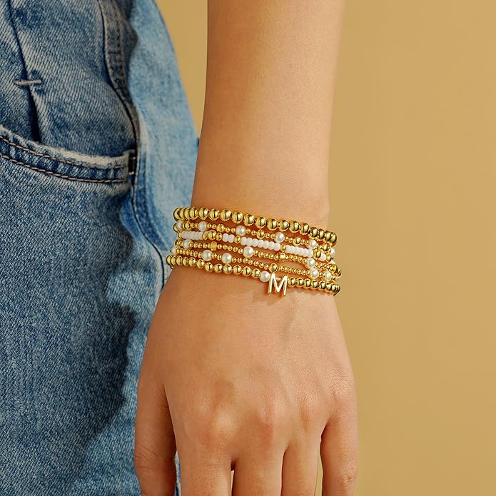 Turandoss 6PCS Beaded Initial Bracelets for Women Girls Valentines Day Gifts - 18K Gold Plated Beaded Initial Letter Bracelet Initial A-Z Stretch Bead Stackable Bracelet Valentines Day Gifts for Her