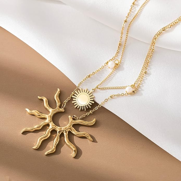 Gold Necklace for Women, Dainty 14K Gold Plated Layered Sun Pendant Necklace Gold Charm Chocker Jewelry Gift for Her