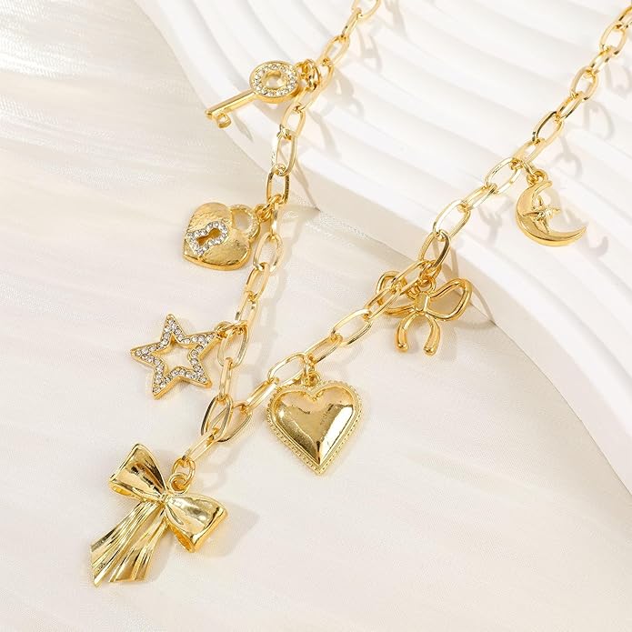 [3 Trendy Styles] Women's Necklaces - Alloy with Glass Crystals & Pearls, Electroplated O - Link Chain, Mermaid Inspired by Fantasy Aesthetics/Bow with Y2K Sweet Charm/Cherry Fruit in the Latest Kawaii Vibe, 47cm(18.5in) Chain Length + 6.5cm(2.55in) Ex...