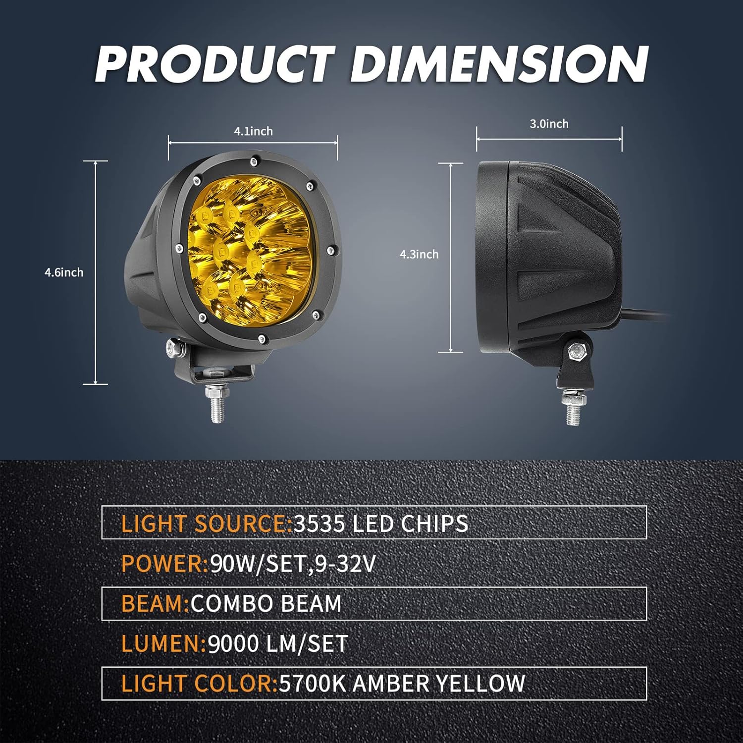 YCHOW-TECH 2PCS 4 Inch LED Amber Fog Lights 90W Yellow Round Offroad Light Bar Flood Beam Off Road LED Pods Bumper Ditch Lights Driving Work Light for Truck Boat Pickup ATV UTV SUV