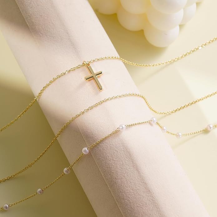 Layered Gold Necklaces for Women, Stackable 14K Gold Plated Necklace, Dainty Cross/Circle/Heart Pendant layered Necklace, Adjustable Dainty Gold/Silver Necklace Jewelry Set for Women