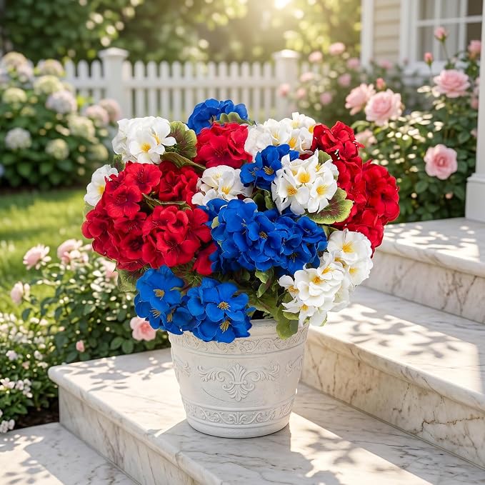 lovemoon 8 Pcs Artificial Geraniums Realistic Silk Patriotic Flowers - Image 5