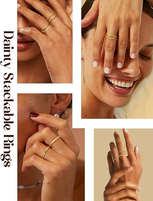 Jstyle Gold Stackable Rings for Women Non Tarnish Open Adjustable Rings Cubic Zirconia Thin Thumb Silver Ring Set 14K Gold Filled Pinky Knuckle Stacking Set - Dainty Statement Promise Band Ring Sets