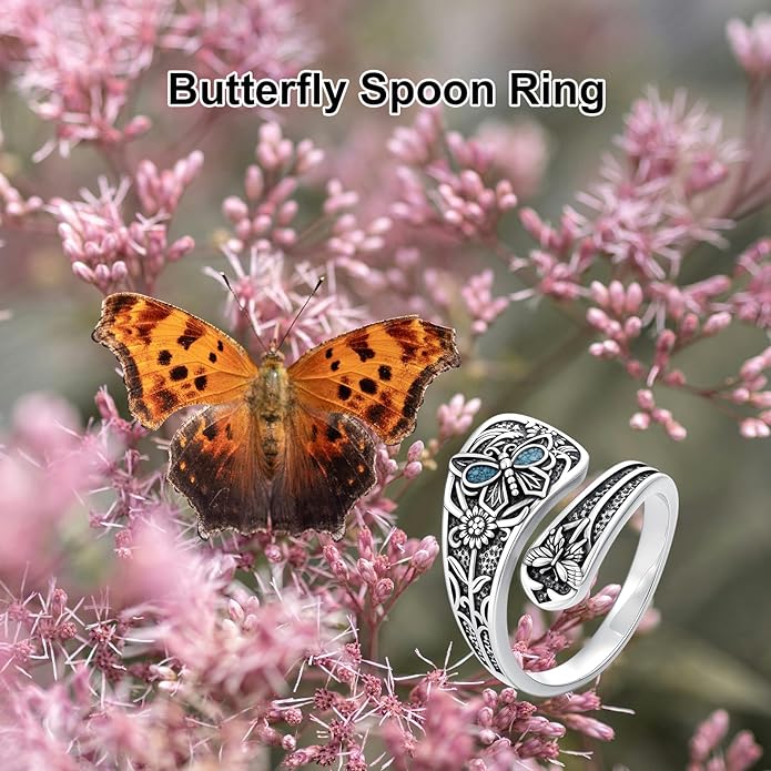 Spoon Ring for Women S925 Sterling Silver Dragonfly Ring Adjustable Thumb Rings Jesus Fish Rings Spoon Jewelry for Brithday Christmas