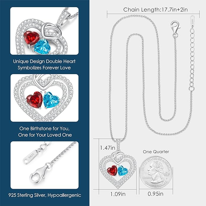 LOUISA SECRET Sparkling Double Heart Birthstone Necklaces for Women, 925 Sterling Silver Fine Jewelry, Pendant Heart Necklaces Birthday Anniversary Christmas Gift for Women Wife Mom Girlfriend Lady