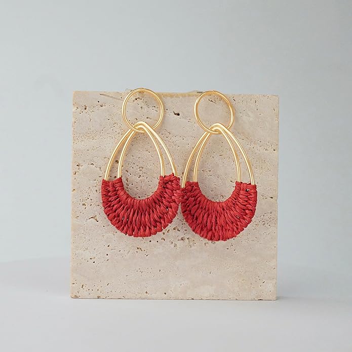Raffia Hoop Earrings for Women Fun Boho Summer Beach Earrings Lightweight Handmade Straw Wicker Rattan Dangle Earrings Statement Geometric Round Drop Earrings
