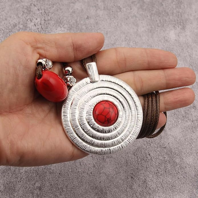 Boho Necklaces for Women Chunky Circle Necklace Layered Boho Circle Leather Choker Necklace Long Vintage Necklaces Bohemian Jewlery Gifts