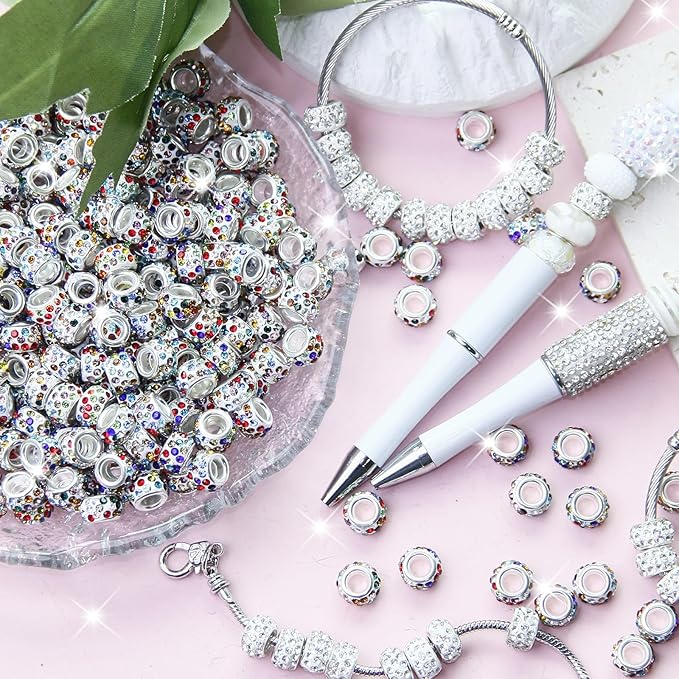 200Pcs Rhinestone Large Hole Beads Spacer Beads White Color European Craft Big Beads Large Hole Rhinestones Lampwork Beads Fairy Wand Garden Bead for DIY Bracelet Necklace Jewelry Making Supplies