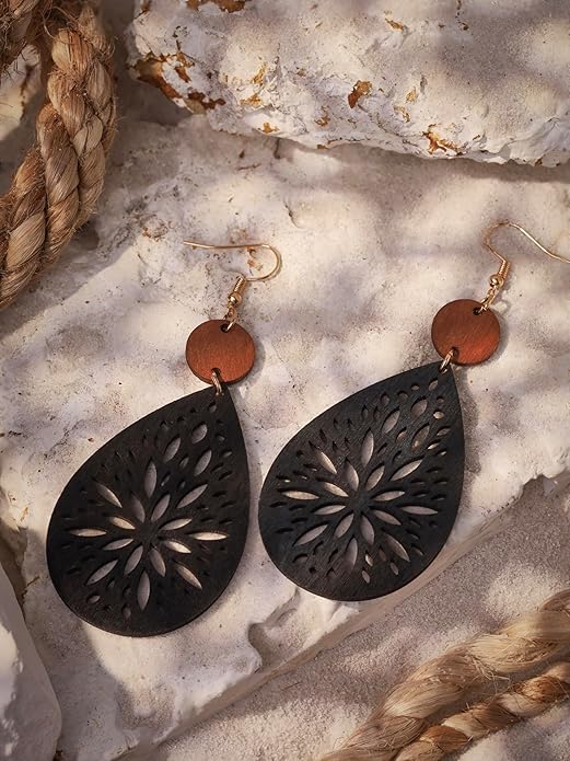 MINACHI Bohemian Hollow Cut-Out Wood Leather Dangle Drop Earrings, Boho Chic Hippie Statement Jewelry Gift for Women