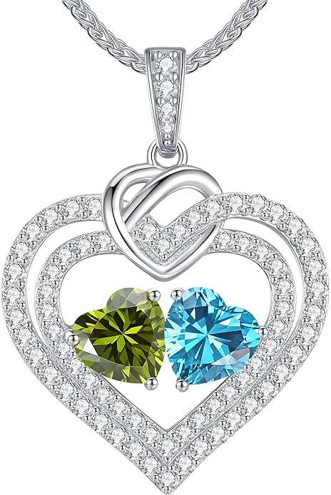 LOUISA SECRET Sparkling Double Heart Birthstone Necklaces for Women, 925 Sterling Silver Fine Jewelry, Pendant Heart Necklaces Birthday Anniversary Christmas Gift for Women Wife Mom Girlfriend Lady