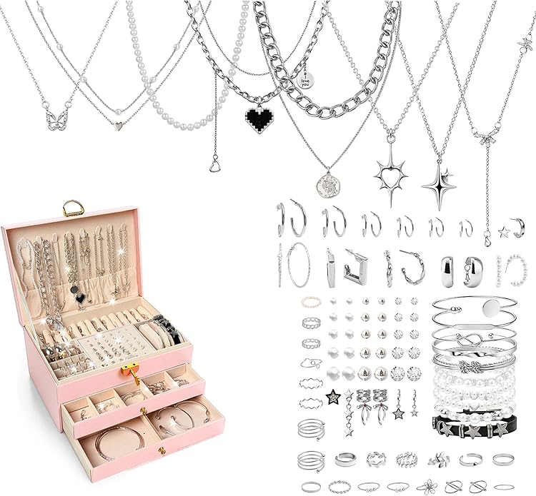 SMUOBT Jewelry Box with Jewelry Set for Women Men - Large Multi-Layer Jewelry Organizer Storage Case with Drawers, Necklace Bracelet Hoop/Stud Earrings Rings Gift Set for Her Him, Unique Birthday Party Gift (Gold/Black Silver)