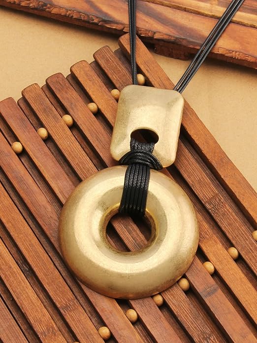 GelConnie Leather Necklace for Women Large Pendant Long Brown Necklace Circle Leather Choker Vintage Sweater Necklace Gold Chunky Boho Necklaces for Women