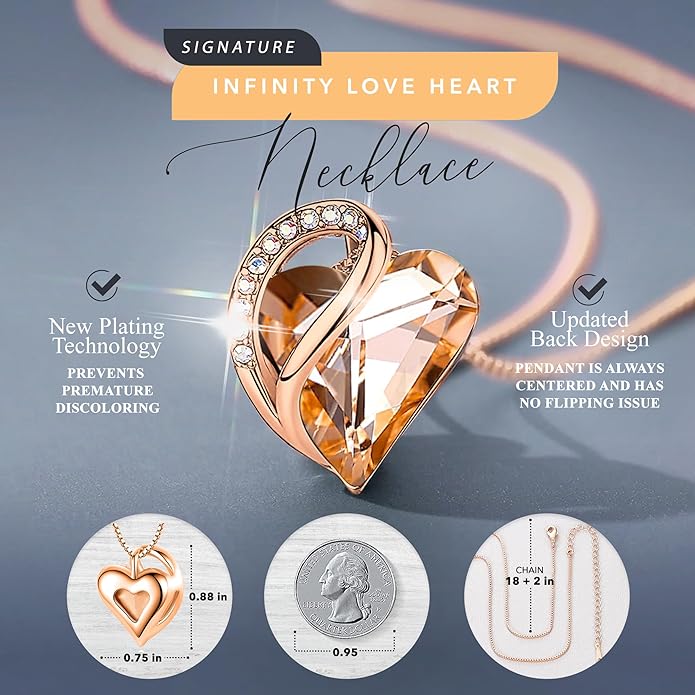 Leafael Rose Gold Plated Necklace for Women: Heart Shaped Birthstone/Healing Crystals Center, Dazzling Cubic Zirconia, Hypoallergenic Chain (18"+2"), Jewelry Gifts for Anniversaries and Birthdays