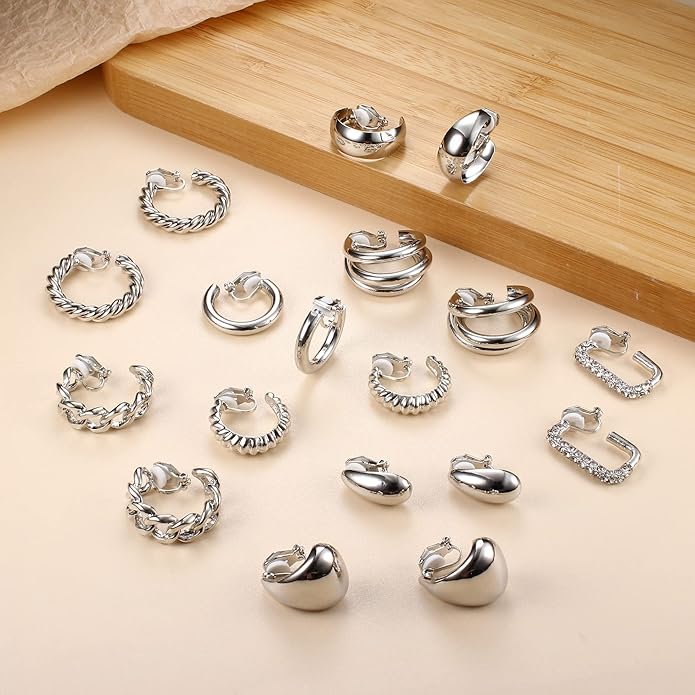YADOCA 9 Pairs Gold Clip on Earrings for Women 14K Gold Plated Waterdrop Chunky Clip on Hoop Earrings No Piercing Fake Earrings Set