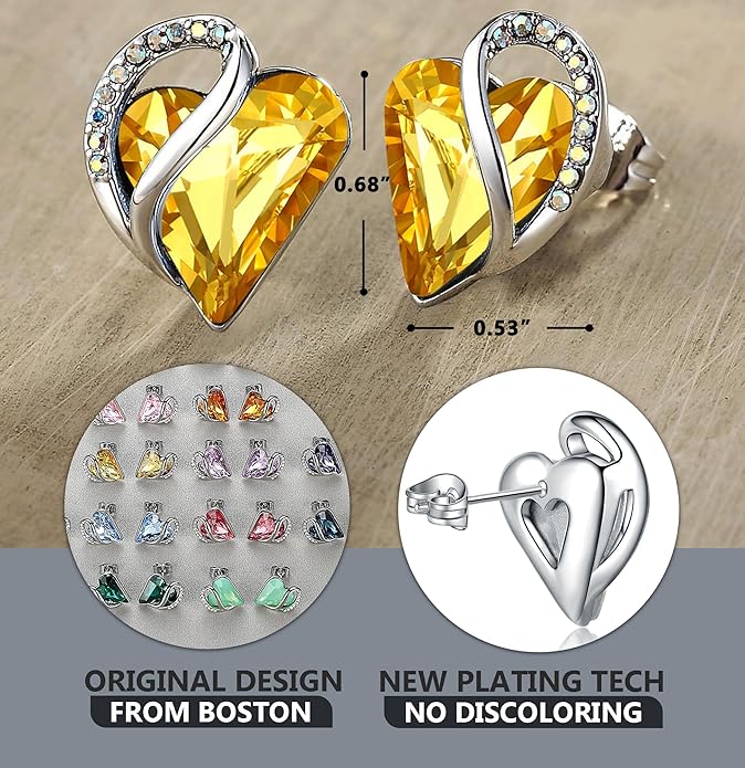 Leafael Infinity love Heart Birthstone Stud Earrings for Women, Valentine's Day Gifts for Mom, Wife, and Her, Silver Plated Birthday Jewelry