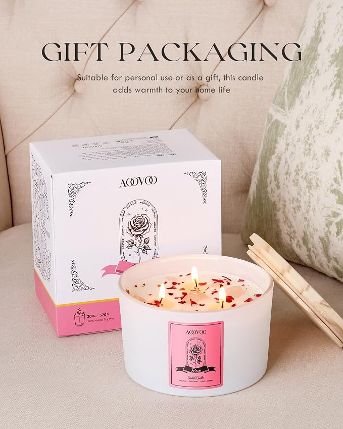 AOOVOO Rose Scented Candles for Women - 20oz 3 Wick Soy Candles for Home Scented - Image 7