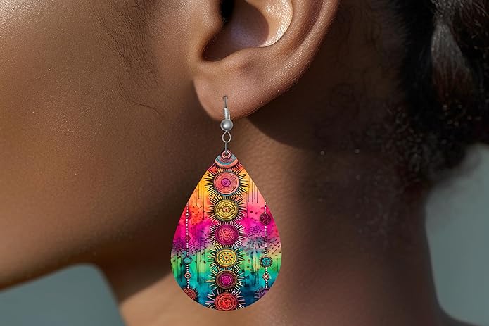 Teardrop Wood Earrings Light Weight Printed Image Dangle Jewelry, Fun and Funky Earrings