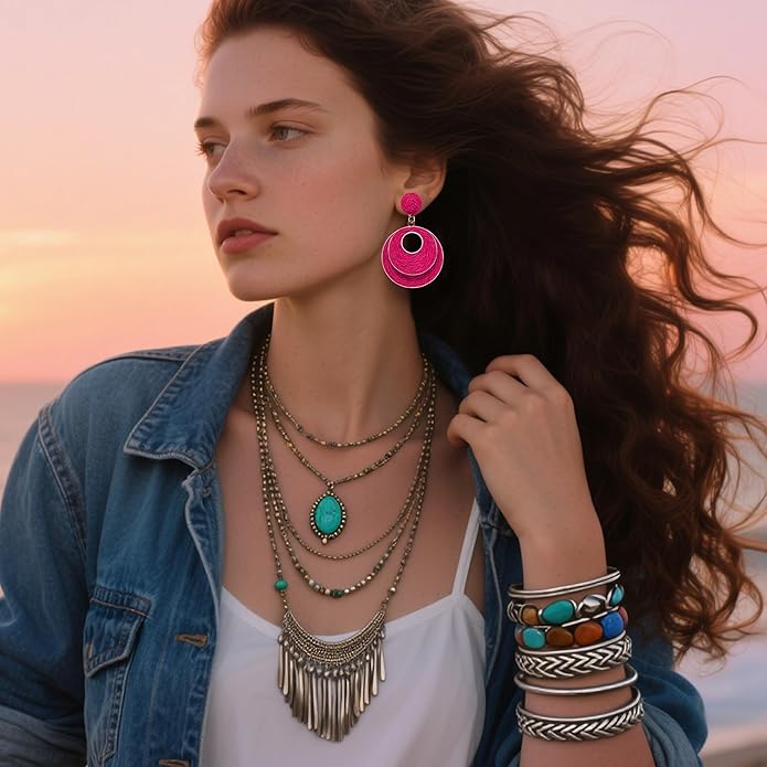 Raffia Hoop Earrings for Women - Boho Straw Wiker Dangle Drop Earrings for Summer Beach, Bohemian Trendy Rattan Jewelry