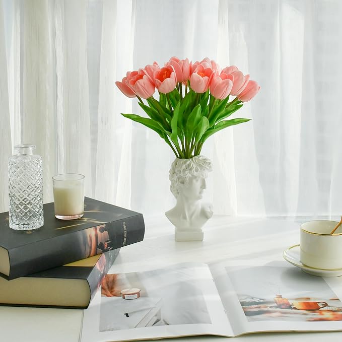 Mandy's 12pcs Artificial Light Pink Open Tulips | 13.5 Inch Lifelike PU Tulips - Image 6