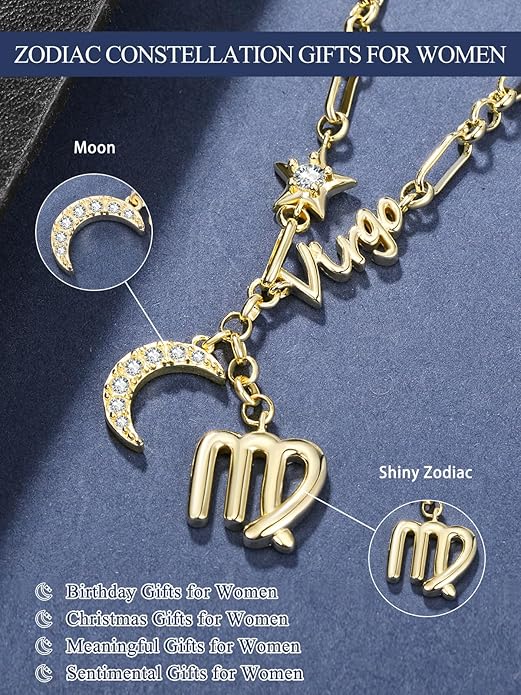 14K Gold/Rose Gold Zodiac Necklace for Women - Horoscope Constellation Pendant with Moon and Star, Luxury Birthday Gifts Jewelry for Her (12 Zodiac Signs)