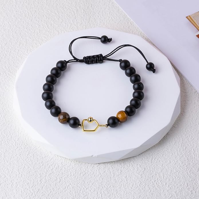 Natural Stone Adjustable Braided Beaded Pickleball Bracelet Charm Jewelry - Sports Lover Pickleball Gifts for Women Men Teens Friends
