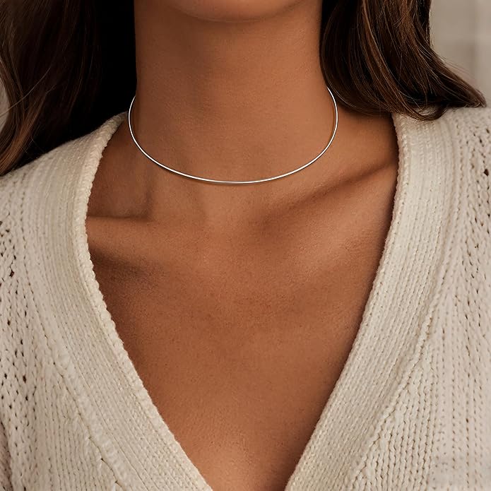 Dainty Choker Necklace for Women, Minimalist Simple Thin Lightweight Collar Choker, 14K Gold Plated Stainless Steel, Hypoallergenic Fashion Trendy Jewelry, Open Cuff Bangle Inspired Design Jewelry