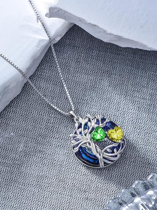 TOUPOP s925 Sterling Silver Family Celtic Tree of Life Pendant Necklaces with 2 Heart Birthstone with Blue Austrian Crystal Jewelry Birthday Valentines Day Gifts for Her, Anniversary Christmas Gifts for Wife Girlfriend Mom (18K Real White Gold Filled)