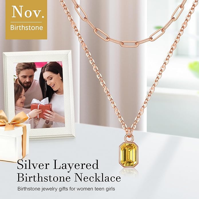 Layered Birthstone Necklace for Women Girls, 14K Gold-Plated Paperclip Chain Choker Necklace with Rectangle Birthstone Pendant Birthday Gifts for Women Girls Dainty Small