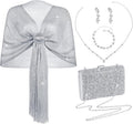 Hicarer 5 Pcs Dressy Jewelry Sets, Silver Shawls and Wraps, Clutch Purse for Homecoming Prom Evening Women Formal