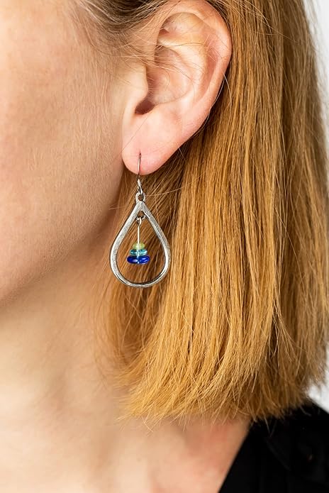 DANFORTH - Gloria Ocean Earrings, Green Blue & Pewter Teardrop Shaped Dangling Ear Jewelry, Unique Accessories for Women, 1 ⅜” High Plus Surgical Steel Wire, Made In USA