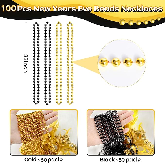 SHAOQINLIN 100 PCS Gold Black New Year Necklaces, 33'' Happy New Year Eve Necklaces Accessories, 2026 New Year Party Beads for New Year's Day, Halloween, Christmas, Carnival Party Favors