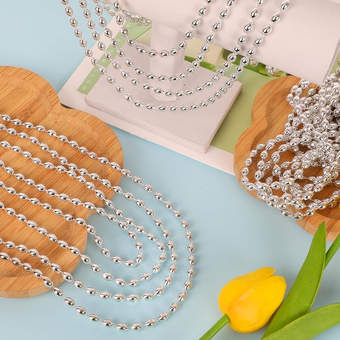100PCS Bead Necklace, Silver Oval Mardi Gras Bead Necklace, 32" Xmas Necklaces Party Favors Bulk, Festival Events Parade Throw Accessories for Xmas Mardi Gras Wedding Birthday Celebrations Decor