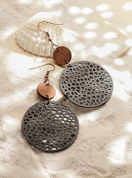 MINACHI Bohemian Hollow Cut-Out Wood Leather Dangle Drop Earrings, Boho Chic Hippie Statement Jewelry Gift for Women