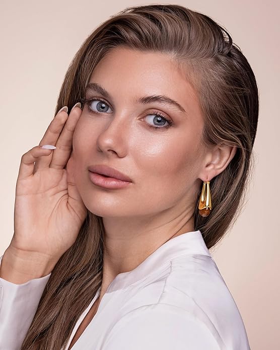 Long Oval Chunky Dangle 18K gold plated Hoops with Colored Resin Gemstone Statement Earrings for Women by SNGIA, (Green, Brown, Blue, Pink, White, Cream), Bold Drop Handmade Exaggerated Irregular Trendy Bohemian Jewelry Gifts, Unique Dangling Teardrop ...