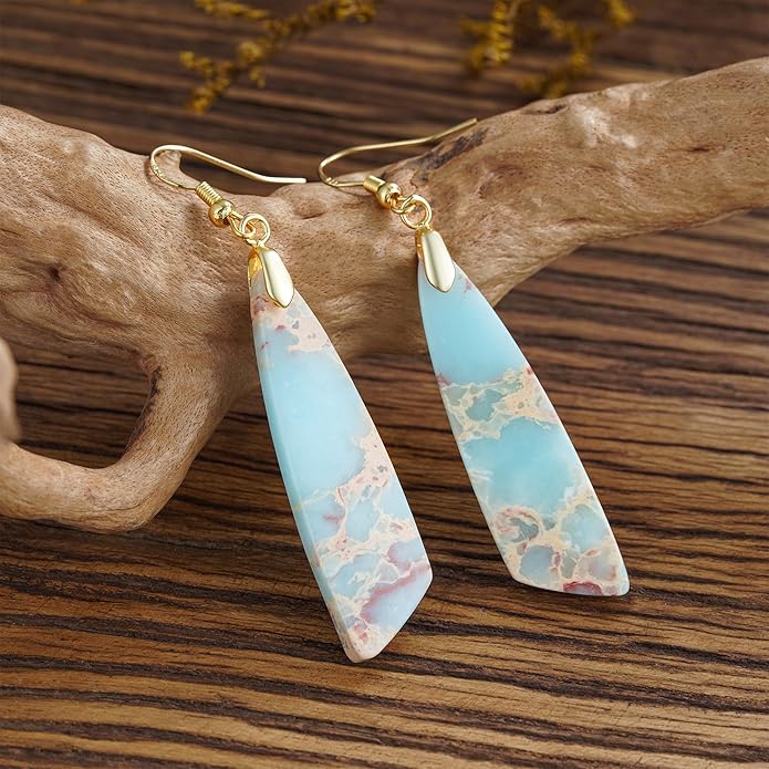 Boho Women Natural Stone Earrings Unique Healing Imperial Jasper Gemstone Energy Hypoallergenic Lightweight Dangle Drop Earrings Multiple Styles Earrings Jewelry for Birthday Party Gift