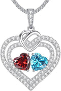LOUISA SECRET Sparkling Double Heart Birthstone Necklaces for Women, 925 Sterling Silver Fine Jewelry, Pendant Heart Necklaces Birthday Anniversary Christmas Gift for Women Wife Mom Girlfriend Lady