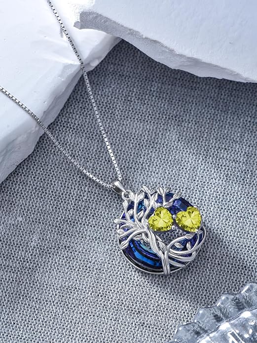 TOUPOP s925 Sterling Silver Family Celtic Tree of Life Pendant Necklaces with 2 Heart Birthstone with Blue Austrian Crystal Jewelry Birthday Valentines Day Gifts for Her, Anniversary Christmas Gifts for Wife Girlfriend Mom (18K Real White Gold Filled)