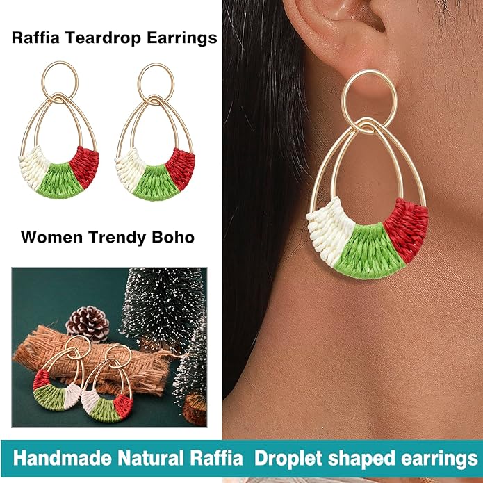 Raffia Hoop Earrings for Women Fun Boho Summer Beach Earrings Lightweight Handmade Straw Wicker Rattan Dangle Earrings Statement Geometric Round Drop Earrings