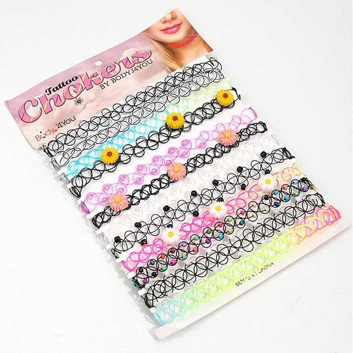 BodyJ4You 12PC Tattoo Choker Necklace for Women - 90s Choker Necklaces Y2K Fashion Trendy Vintage - Emo Black Choker Rainbow Pink White Purple Neon Green Blue Daisy Flower