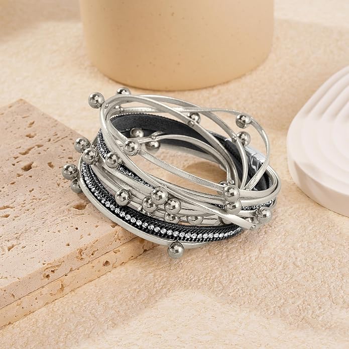 Wrapped Bracelets for Women,Leather Bracelet,Boho Bracelets for Women,Multi-Layer Pearl Crystal Bracelet Bangle Jewelry