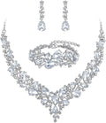 BriLove Wedding Bridal Jewelery for Women Austrian Crystal Teardrop Cluster Statement Necklace Dangle Earrings Link Bracelet Set