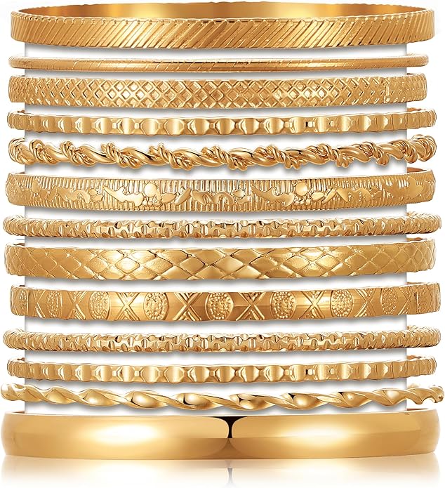 17IF Gold Bangle Bracelet For Women, 14k Multilayer Charm Textured Stackable Bracelets Boho Indian Chunky Cuff Fashion Jewelry Gift