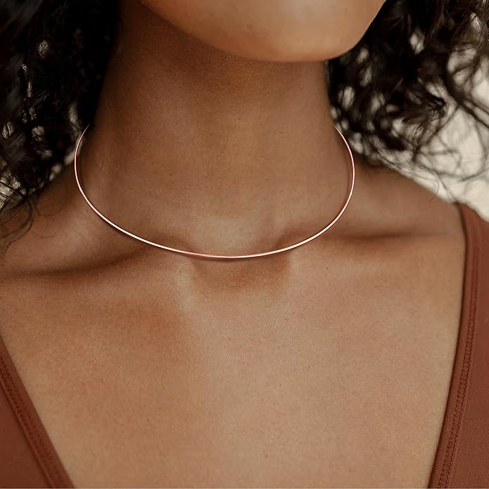 Dainty Choker Necklace for Women, Minimalist Simple Thin Lightweight Collar Choker, 14K Gold Plated Stainless Steel, Hypoallergenic Fashion Trendy Jewelry, Open Cuff Bangle Inspired Design Jewelry