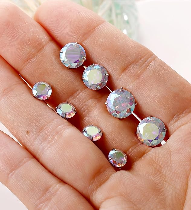 4Pairs AB Cubic Zirconia Earrings Studs Flat Back Earrings for Women 14K Gold CZ Flatback Stud Earrings Hypoallergenic Cartilage Nap Earrings
